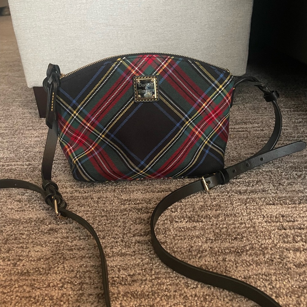 The Dooney & Bourke Black Tartan Penny Crossbody Shoulder Bag, Black Plaid